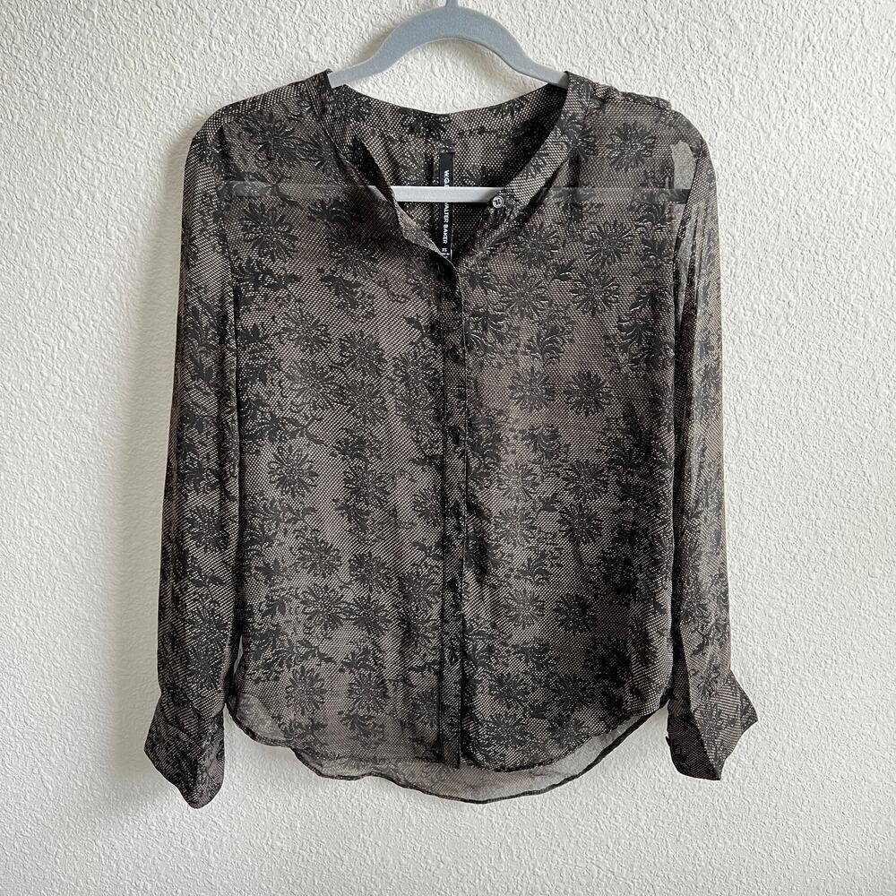 New Walter Baker Lynn Sheer Top Women's XS Button Down Front Black Lace Print